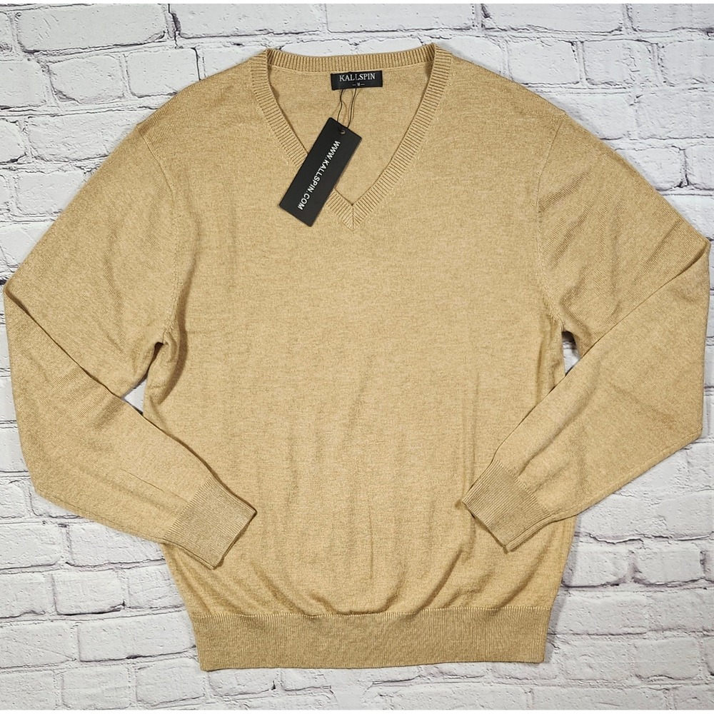 NWT Kallspin Mens V-Neck Sweater Tan Camel Wool Blend Knit Pullover M